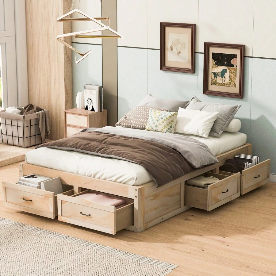 Full Size Platform Bed With 6 Storage Drawers, Antique Natural - 仿古天然+MDF+LVL 如圖所示 - 查看 1