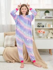Tween Girl Purple Starry Sky Cat Ear One-Piece Loungewear - Multicolor - View 6