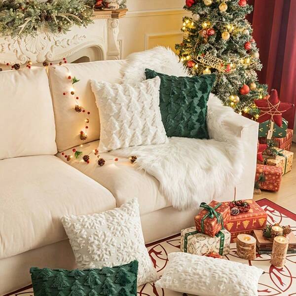 1 Stück Weihnachts-Plüschkissenbezug, einseitig Stickerei mit Jacquard-Verfahren - Schneeflocke, Weihnachtsbaum, Wohnzimmer Sofa Kissen, Party Dekoration - Plüsch Grün Weihnachtsbaum Kissenbezug, Schneeflocke Weihnachten Zierkissenbezug - Weich, Plüschig, Reißverschluss, Maschinenwaschbar - Perfekt für Couch & Sofa Dekoration, Weihnachtsdekoration, Weihnachtsdekorationen