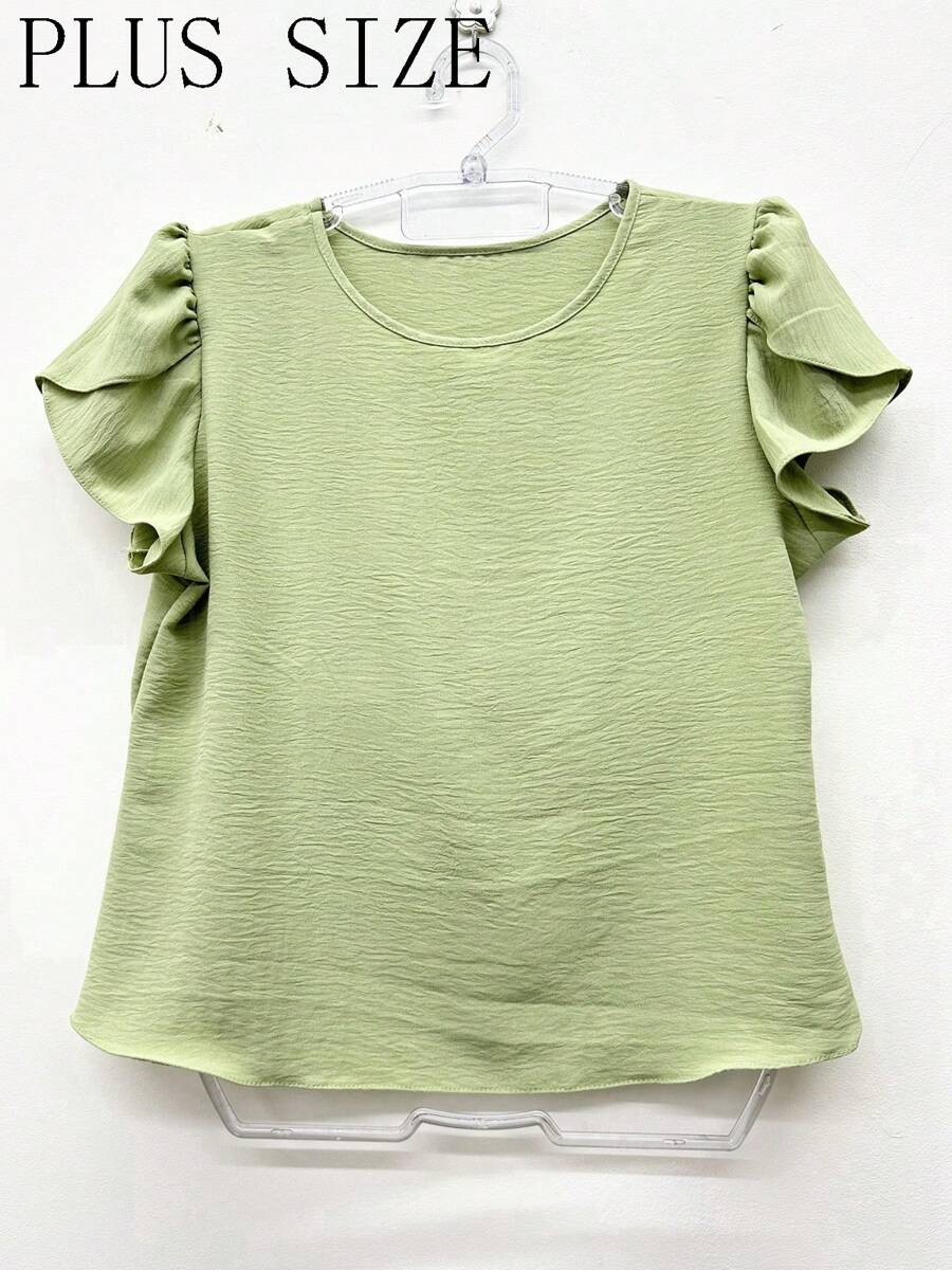 Plus Size Short Sleeve Casual Shirt With Ruffled Puff Sleeve, For Spring And Summer Wear - 薄荷綠 - 查看 1