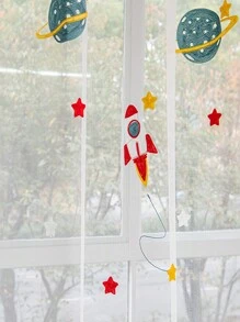 1pc Blue Cartoon Rocket Spaceship Blackout Curtains For Kids Boys Room Nursery Planet Satellite Embroidered Bay Window Tulle Drapes