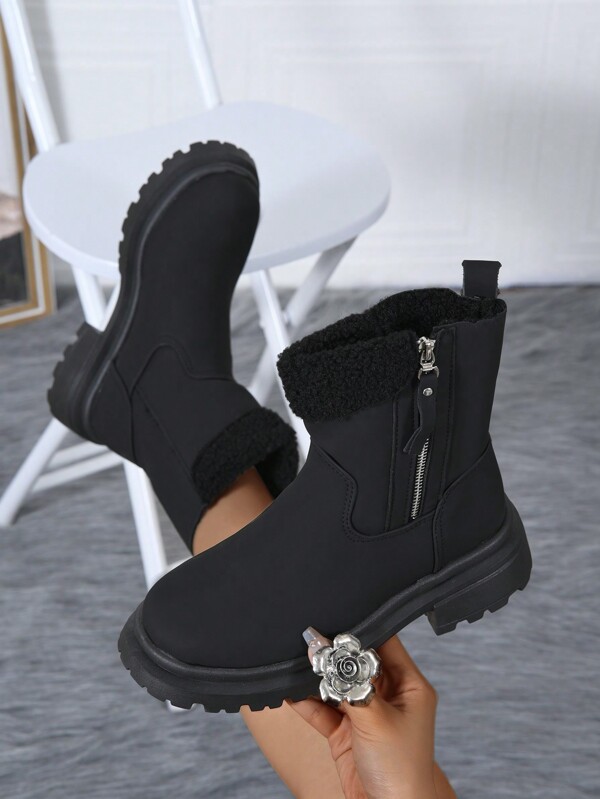 Women Winter Ankle Boots Chelsea Style Slip-On Boots New Arrival European & American  Boots With Warm Flannel Lining, High Platform, Round Toe, Casual Solid Color Snow Boots, Korean Campus Style, Young & Cute Girls Medium Heel Thick Bottom Black Short Boots