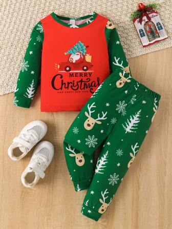 2 件套年轻男孩休闲字母印花长袖圣诞服装春秋季