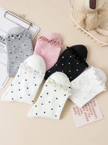 6pairs Ruffle Edge Polka Dot Cute Student White Sport Cuff Socks, Autumn/Winter