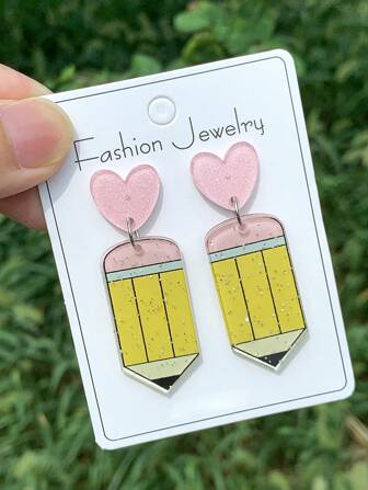 Acrylic Earrings, "FRIYAY" Cartoon Apple Pencil Book Design, Color Blocking Letters, Studs, Sweet & Elegant Style, Teacher's Day Gift