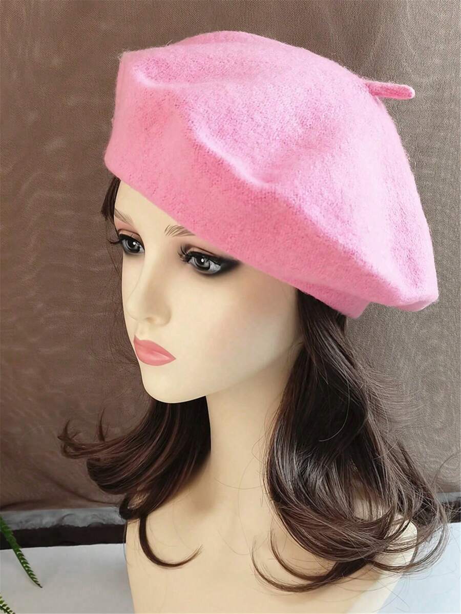 1pc Women's Autumn/Winter Knitted Beret Hat, Vintage Solid Color Artist Cap, Suitable For Daily Wear Halloween - Pink - View 1