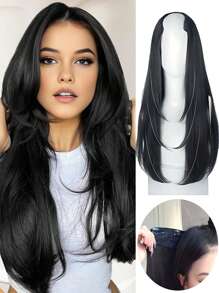 合成女士 V 形长发接发，合成假发，分层接发，蓬松顶垫可增加发量 - 黑棕色 - 查看 13