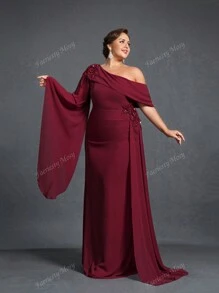 Plus-Size Evening Gown With Asymmetric Neckline, Statement Bell Sleeve & Cascading Side Silhouette - Elegant Mother-Of-The-Bride Dresses, Gala Dinner Attire, Formal Evening Wear, Red Carpet-Ready Designs, Black-Tie Event Outfits