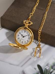 1pc Vintage Flip Cover Exquisite Carved Gold Pocket Watch, Memorial Classic Quartz Numerical Locomotive Watch