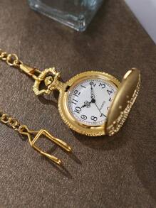 1pc Vintage Flip Cover Exquisite Carved Gold Pocket Watch, Memorial Classic Quartz Numerical Locomotive Watch