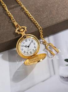 1pc Vintage Flip Cover Exquisite Carved Gold Pocket Watch, Memorial Classic Quartz Numerical Locomotive Watch