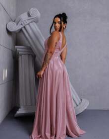 Bridesmaid Dress With Lurex Shine, Marked Waist, Lilac, Terracotta, Olive Blue, Emeral Green, Fuchsia, Serenity Blue Or Rose - Màu hồng gỉ - Xem 2