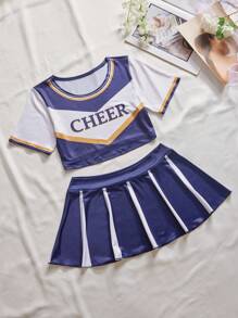 1set Women Sexy Soccer Player Roleplay Costume, Color Block Round Neck Short Sleeve Top + Mini Skirt - Blue - View 7