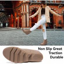 Athlefit Women's Leather Wedge Ankle Boots Stylish Comfort Slip-On Waterproof Leather Platform Booties - Màu Khaki - Xem 5