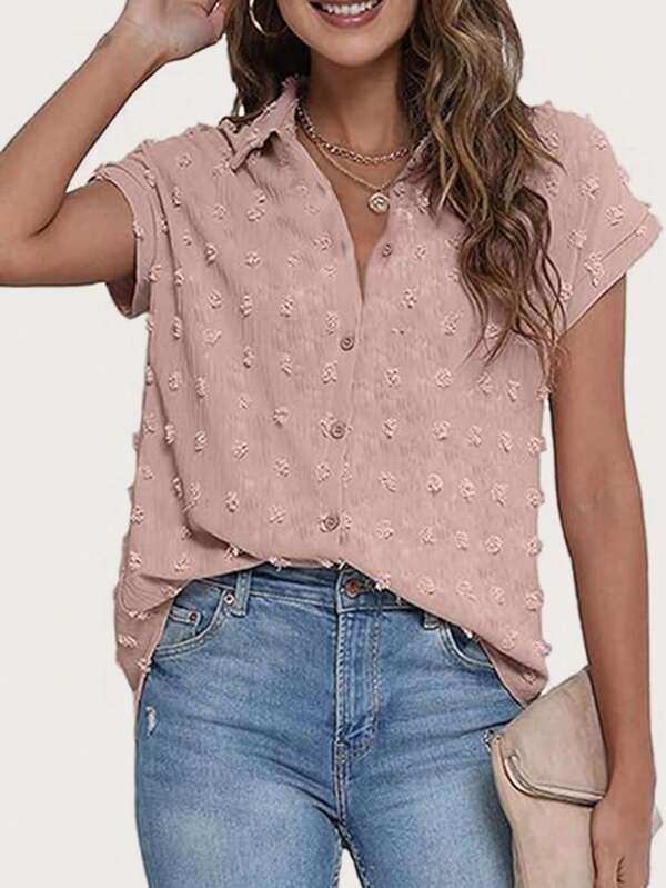 Blusa feminina de bolinhas suíças com botões, elegante, casual, versátil, de chiffon, manga curta