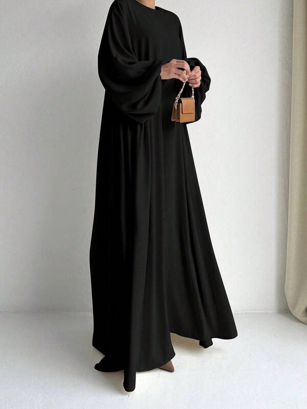 Vestido longo casual feminino cor sólida manga lanterna árabe modesto para outono