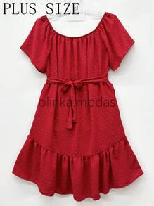 olinka modas Popcorn Dune Dress With Belt Women's Fashion - 紅色 - 查看 1