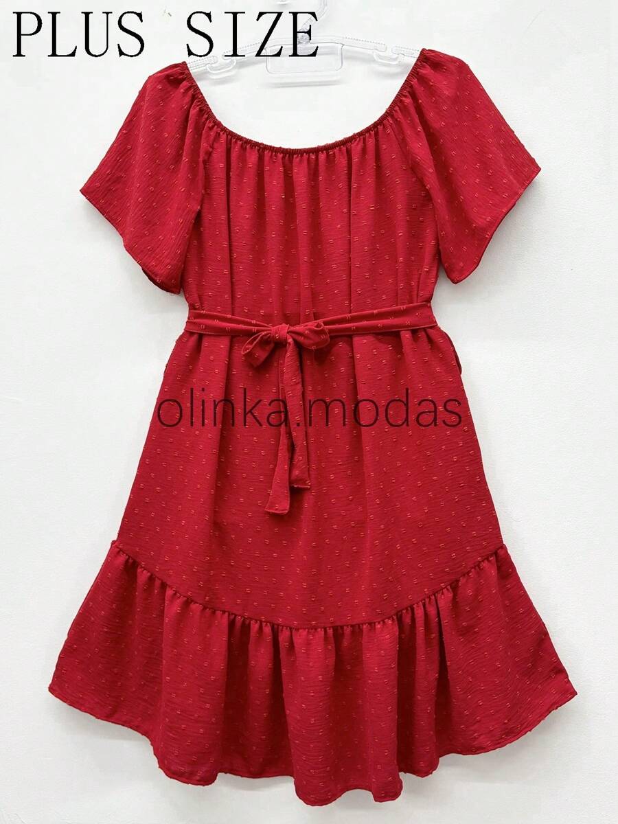 olinka modas Popcorn Dune Dress With Belt Women's Fashion - 紅色 - 查看 1