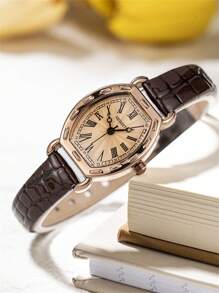 1pc Women's Minimalist Vintage Roman Numeral Leather Belt Watch, Suitable For Daily Decoration