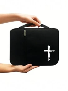 Black Minimalist Cross Print Bible Storage Bag, Suitable For Students' Daily Use, Handbag With Zipper Pocket, Portable Bag, Multifunctional Daily And Book Protection Large Capacity Storage Bag, Portable Sorting Bag, Standard Size Bible Bag, Ideal Choice For Adult, Male And Female Bible Study, Best Gift For Bible Lovers, Gift For Mother-In-Law, Mother And Friends, Christian Gift (Zipper Position Random) - Black - View 6