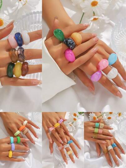 6-8 件套夸张彩色树脂戒指，不对称染色几何大号个性戒指，时尚戒指套装适合女性日常佩戴