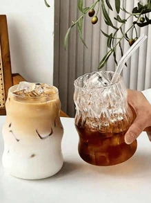 1 Piece 550ml Rippled Drinking Glass, Unique Coffee Mug, Aesthetic Tea Cup, Ribbed Glasses For Iced Coffee And Drinks, Modern Glassware, Summer Drinkware, Great For Home, Cafe, Travel, Stylish Cup For Coffee Or Tea, Great Gift Idea For Drink Lovers (No Straw) - Transparent - View 3