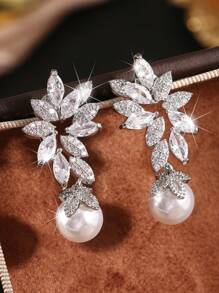 2 件奢华叶珍珠吊坠耳环女式镀银锆石耳环新娘婚礼珠宝礼物送给女友妻子订婚周年纪念日万圣节 - 銀色 - 查看 1