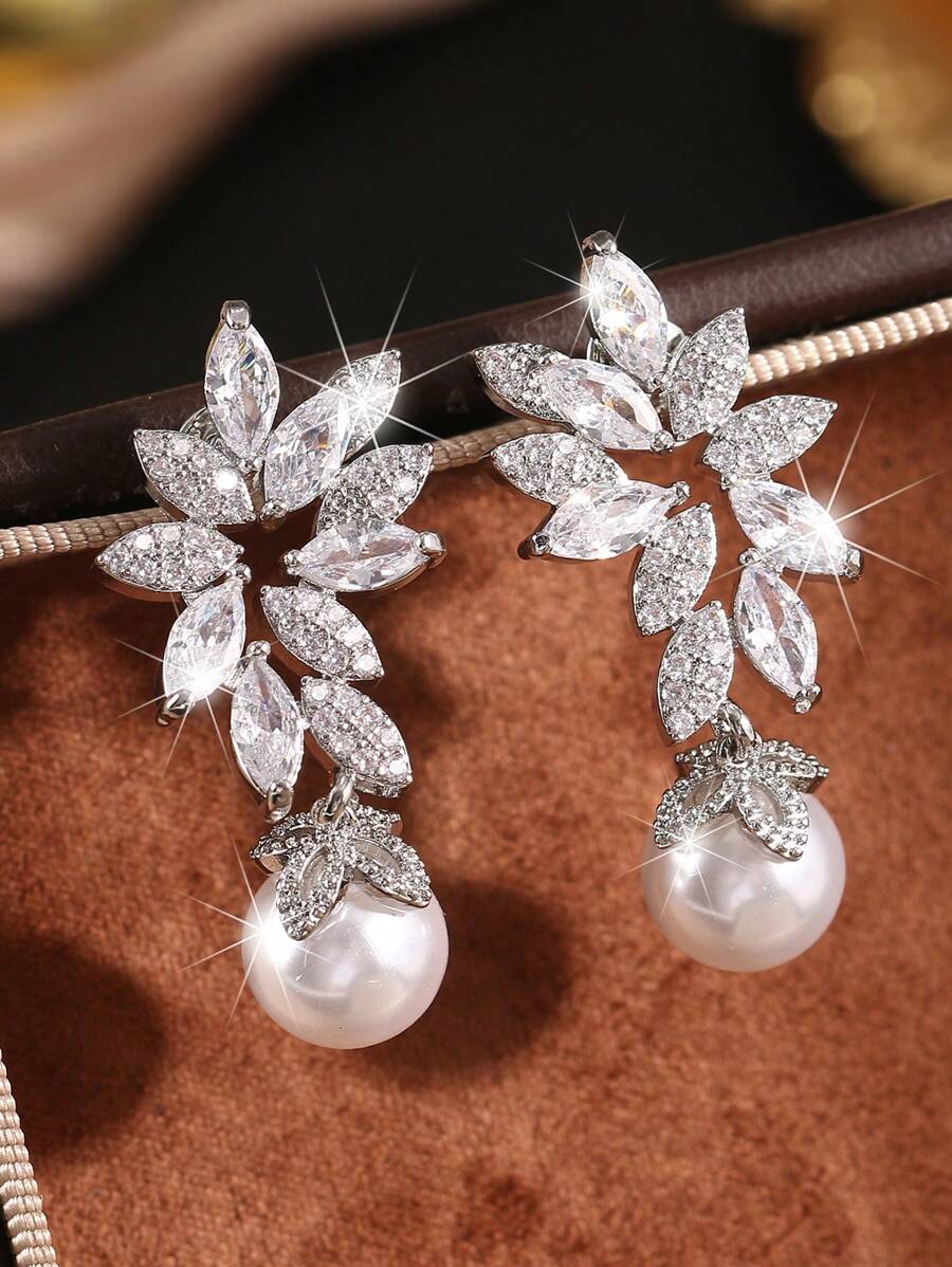 2 件奢华叶珍珠吊坠耳环女式镀银锆石耳环新娘婚礼珠宝礼物送给女友妻子订婚周年纪念日万圣节 - 銀色 - 查看 1