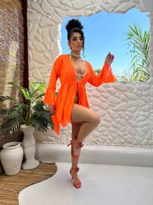 SHORT KIMONO BEACH COVER-UP Summer - trái cam - Xem 2