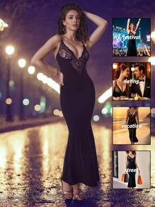 夏季时尚性感深 V 蕾丝领高开叉美人鱼高弹力修身塑身衣紧身长款黑色连衣裙，内置胸罩，半正式舞会礼服，适合晚会、约会、派对、节日、周年纪念、夜总会、毕业季、度假、海滩、礼服、婚礼宾客