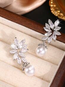 2 件奢华叶珍珠吊坠耳环女式镀银锆石耳环新娘婚礼珠宝礼物送给女友妻子订婚周年纪念日万圣节 - 銀色 - 查看 4