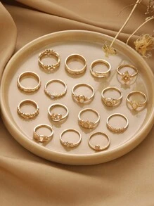Bộ 16 chiếc nhẫn kết hợp đá quý giả rỗng chạm khắc hình voi, mặt trăng, ngôi sao thời trang dành cho nữ - Nhiều màu - Xem 2