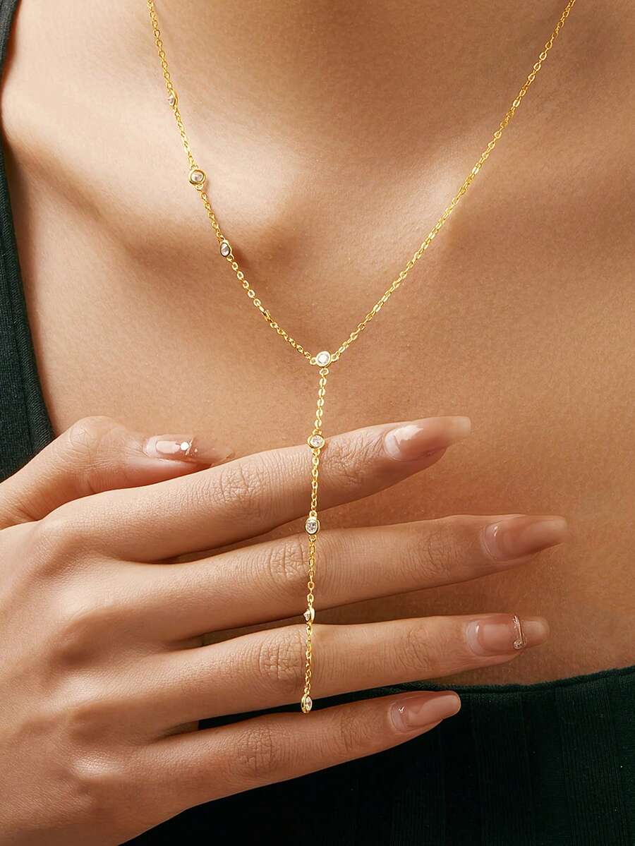 1 chiếc vòng cổ mặt dây chuyền hình chữ Y bằng bạc 925 Zirconia nhỏ thanh lịch - Vàng - Xem 1