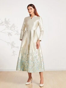 Elegant Collar Jacquard Design Formal Dress For Women,Wedding Event Dress, Long Sleeve Evening Dress, For Wedding Guest, Graduation, Dinner