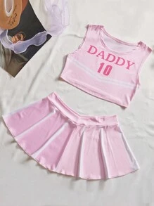 Valentine's Day Soccer Babe Roleplay Women's Sexy Lingerie Contrast Color Round Neck Camisole Top + Mini Skirt Costume Set - Pink - View 8