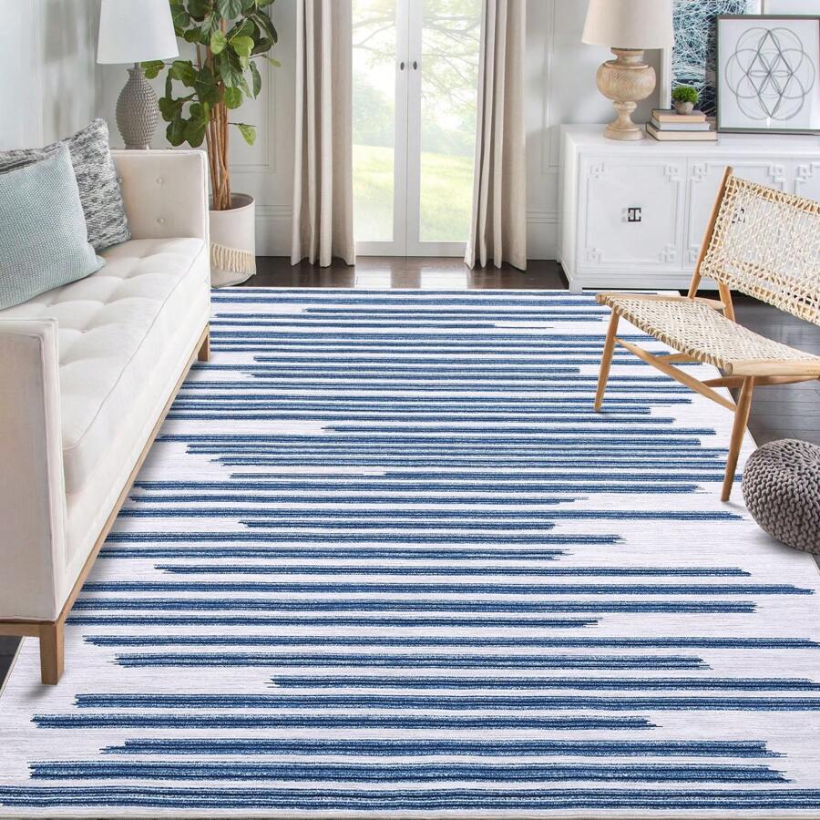 Modern Geometric Rugs Machine Washable Area Rugs Low Pile Non-Slip Rugs Foldable Indoor Rugs Modern Striped Rugs For Living Room Bedroom Office Kitchen - Màu xanh lam - Xem 1