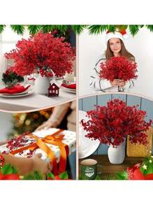 4 件圣诞家居花卉，红色满天星仿真花，仿真石膏花束，仿真丝绸植物装饰，适用于家居、婚礼、感恩节、圣诞节、情人节派对、餐桌装饰 - 紅色 - 查看 8
