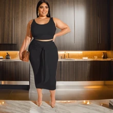 Women's Set Skirt And Cropped Tank Top Plus Size Blogger - màu đen - Xem 2