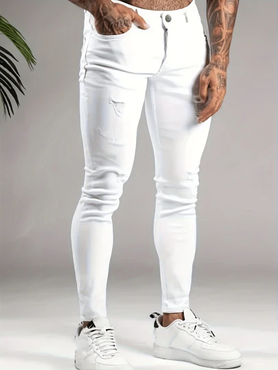男式白色紧身破洞弹力牛仔裤，休闲街头风格修身裤