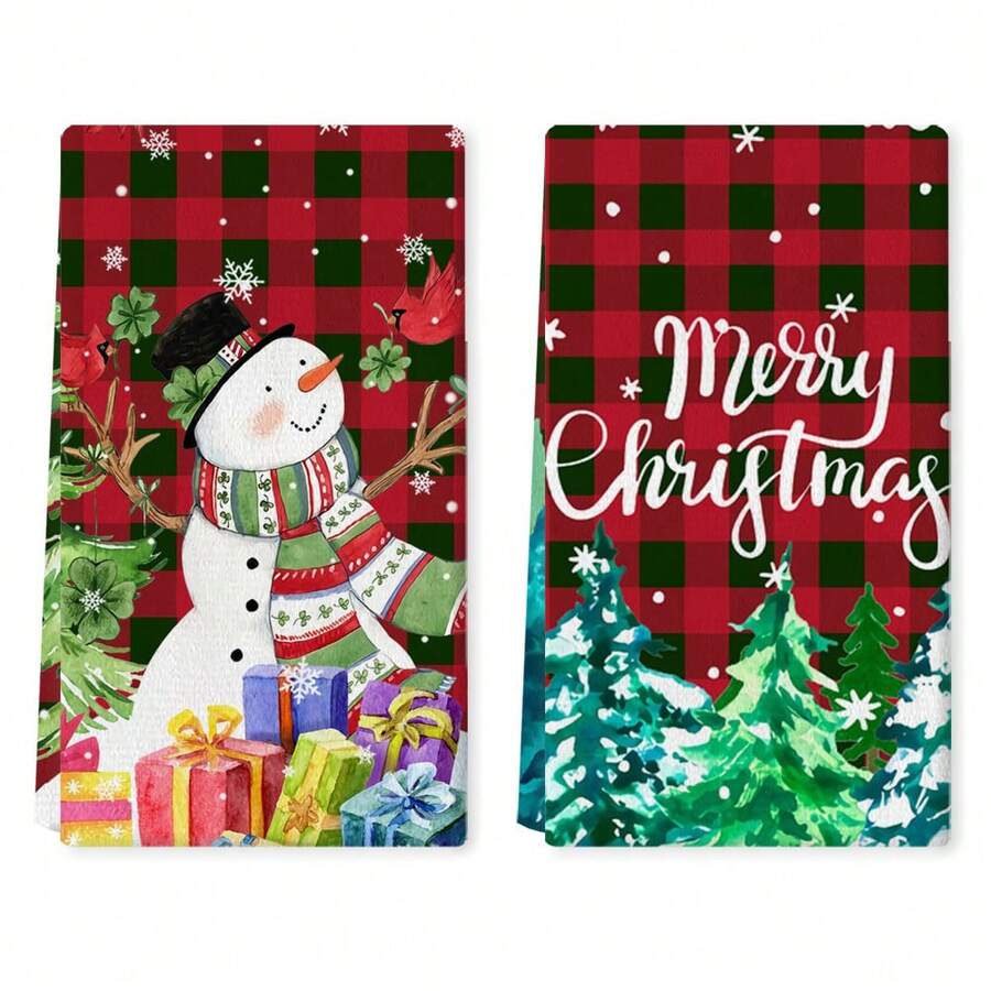 2 khăn ăn Giáng sinh, khăn lau tay mềm mại thấm hút, khăn lau bát đĩa họa tiết kẻ ô vuông hình người tuyết và cây thông Noel, bộ khăn trang trí ngày lễ theo mùa, đồ trang trí mùa đông, đồ trang trí Giáng sinh, khăn lau bếp khăn lau tay khăn lau trà đồ trang trí nhà cửa - Nhiều màu - Xem 1