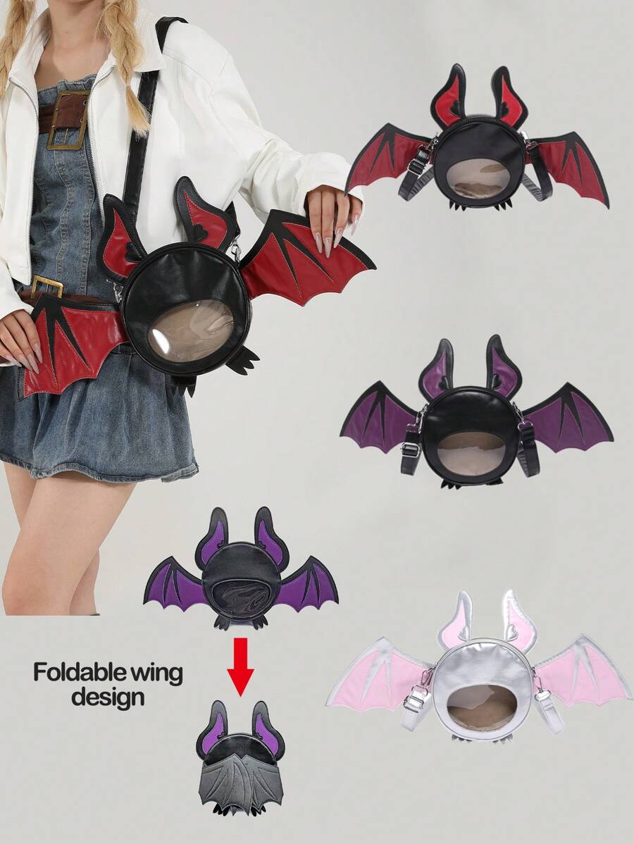 1 Pc New Fashionable And Fun Halloween Themed Devil Bat Shaped PU Leather Crossbody Bag With Wings And Foldable Design For Women For Outdoor&Halloween Themed Party&Halloween Costume Matching, Halloween Bags Perfect For Fancy Party Matching With Halloween Costume - Multicolor - View 1