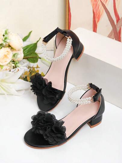 1 双时尚罗马珍珠装饰高跟凉鞋，女孩夏季舞裙凉鞋，学生表演和日常穿着，新娘鞋