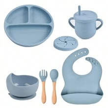 Bộ đồ ăn bằng silicon 6 món cho bé: Bộ đồ ăn cho trẻ mới biết đi có đĩa hút, bát, yếm, nĩa và thìa, cốc có ống hút, an toàn cho trẻ từ 0-3 tuổi - Lý tưởng - Nhiều màu - Xem 10