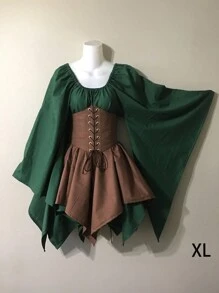 2 件套复古中世纪拼色喇叭袖系带腰连衣裙，适合万圣节、化装舞会或日常穿着 - A - 查看 12