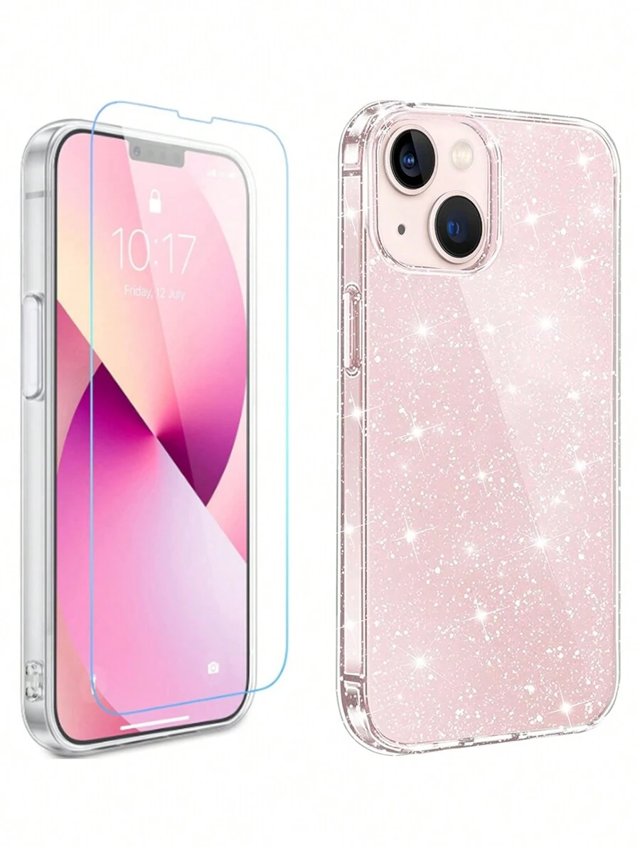 [2 Pcs] 1pc Full Screen Clear Tempered Glass Screen Protector + 1pc Glitter Phone Case Compatible With Iphone16 Pro Max16e 16 16 Plus 16 Pro 16 Pro Max 15 14 13 12 11 Pro Max 12 13 Mini HD Screen Protector Compatible With Iphone X XS Max XR 7 8 6 6S Plus Se Set Gift For Birthday, Family, Friends Phone Screen Protector, Phone Accessories