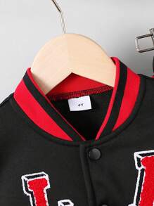 2pcs Boys' Casual Letter Embroidered Baseball Jacket & Pants Set - Black - View 3