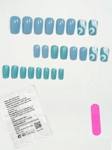 24 件中号方形极简主义闪光线蓝色和绿色假指甲全覆盖可拆卸按压假指甲，适合女士和女孩，适用于女士和女孩美甲沙龙，含 1 块果冻凝胶和 1 条锉刀果冻胶，随机发货 - 彩色 - 查看 2