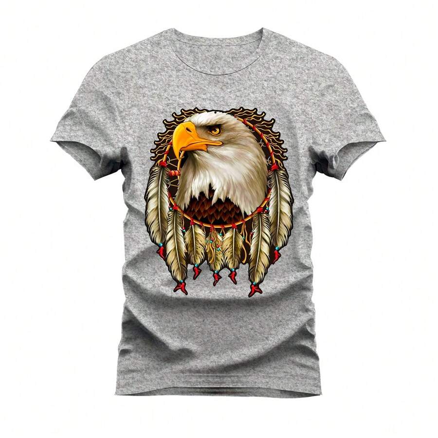 Comfortable Cotton T-Shirt Soft Mesh Printed Eagle Feathers - Xám - Xem 1