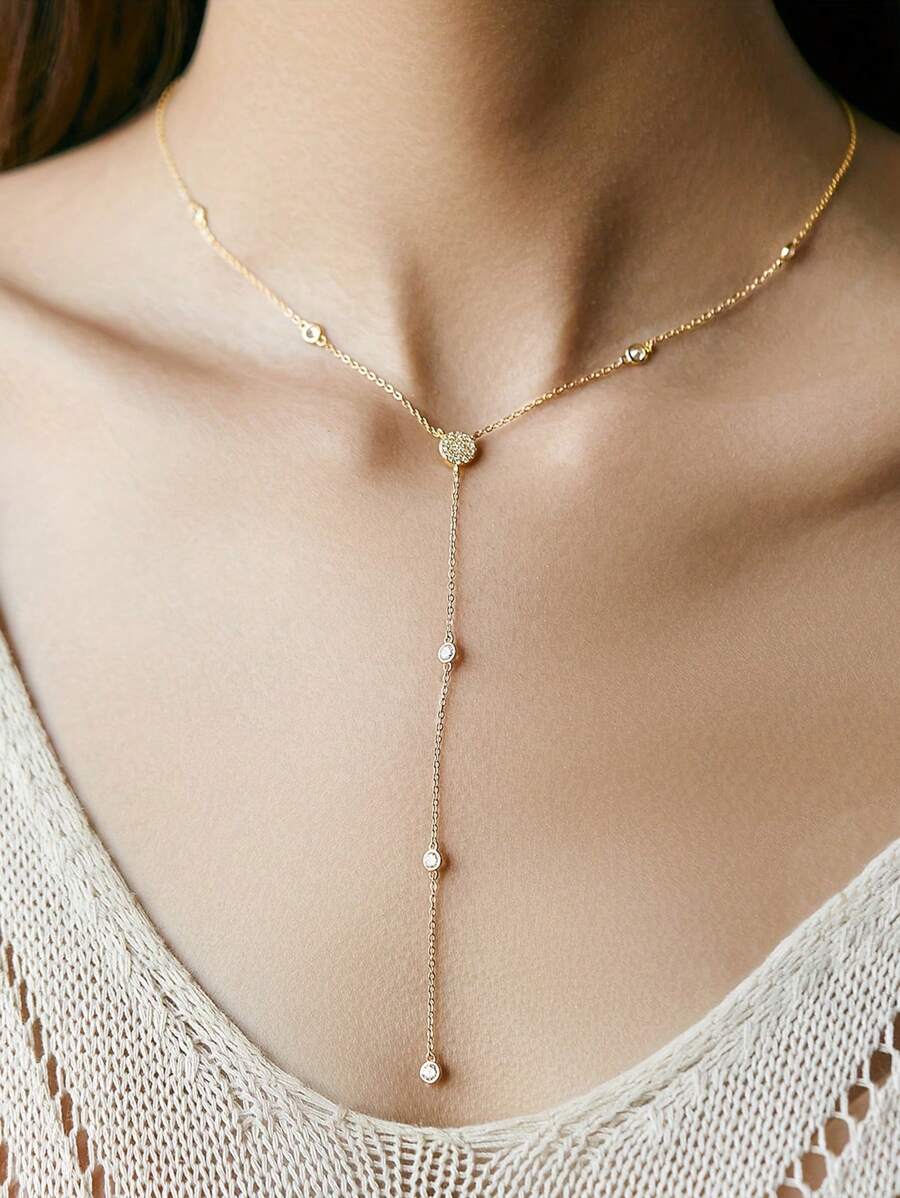 1pc 925 Sterling Silver Elegant Y-Shaped Necklace With Cubic Zirconia Circles, Unique Creative Design Women Jewelry Accessories - Yellow Gold - View 1