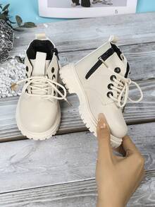 1 Đôi Giày Bốt Trẻ Em, Giày Bốt Cổ Cao Thời Trang Phong Cách Anh Unisex Thu/Đông Mới Cho Trẻ Em - Màu be - Xem 10
